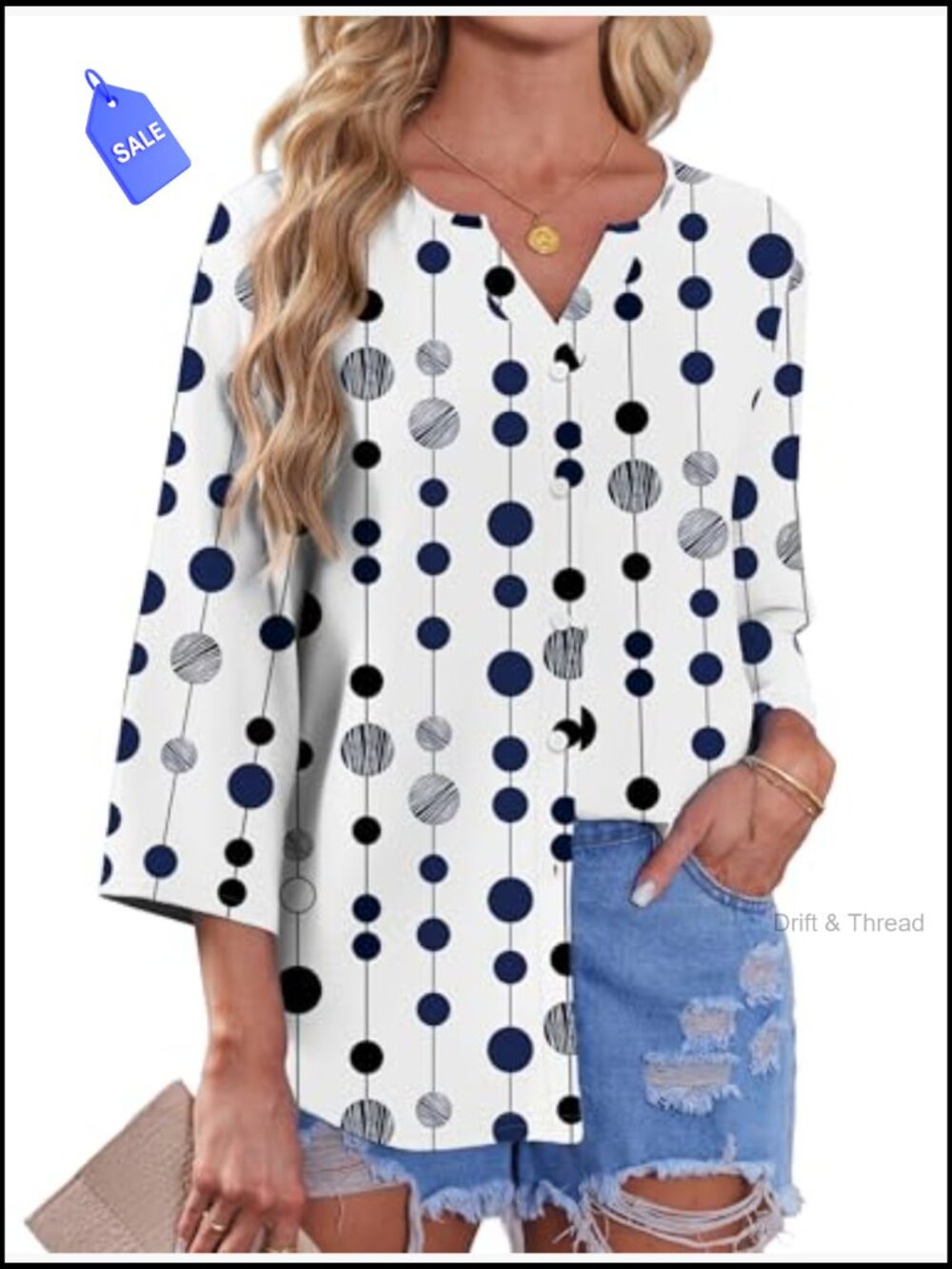 Button Down Shirt Women 3/4 Sleeve V Neck Blouses Business Casual Loose Fit Tops - Picture 3 of 7